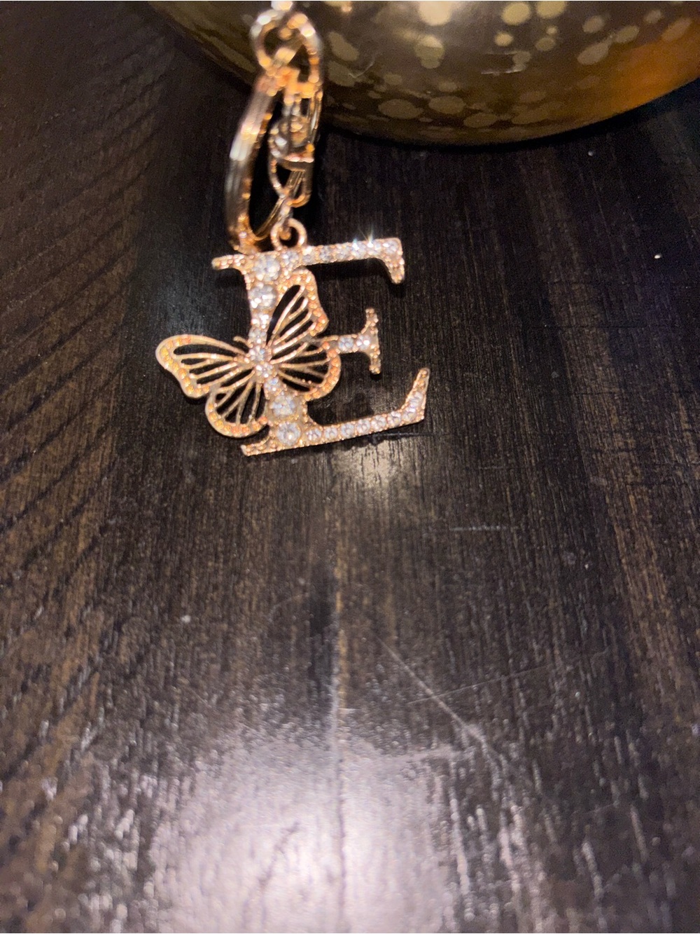 Rhinestone Gold Letter “E” Keychain with Butterfly Charm